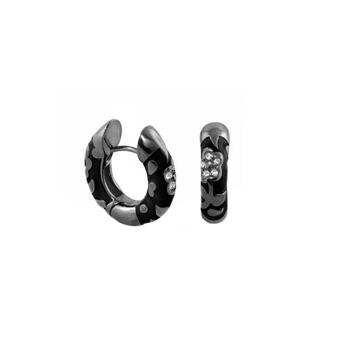 Black Flowers by Orly enamel flower huggie earrings with dark-tone detailing, paired front and side view