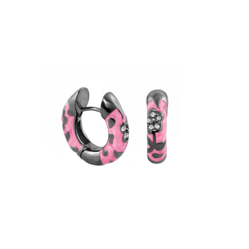Hot Pink M Flowers by Orly enamel flower huggie earrings with dark-tone detailing, paired front and side view