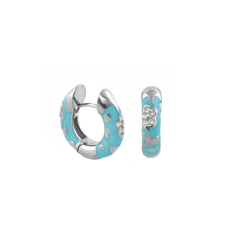 Blue 67 Flowers by Orly enamel flower huggie earrings with silver-tone detailing, paired front and side view