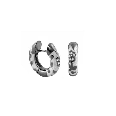 White M Flowers by Orly enamel flower huggie earrings with dark-tone detailing, paired front and side view