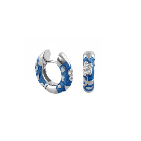 Daphne M Flowers by Orly enamel flower huggie earrings with silver-tone detailing, paired front and side view