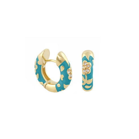 Aqua Flowers by Orly enamel flower huggie earrings with gold-tone detailing, paired front and side view