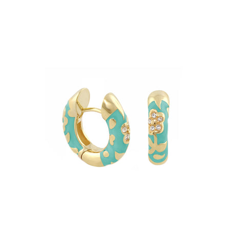 Bahama Blue Flowers by Orly enamel flower huggie earrings with gold-tone detailing, paired front and side view