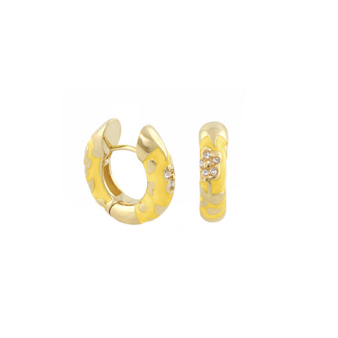 Banana Flowers by Orly enamel flower huggie earrings with gold-tone detailing, paired front and side view