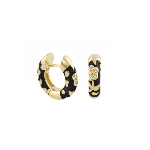 Black Flowers by Orly enamel flower huggie earrings with gold-tone detailing, paired front and side view
