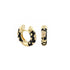 Black Flowers by Orly enamel flower huggie earrings with gold-tone detailing, paired front and side view