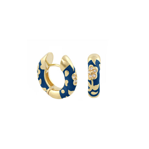 Blue 48 Flowers by Orly enamel flower huggie earrings with gold-tone detailing, paired front and side view