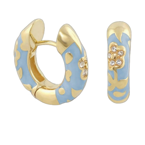 Dark Blue Flowers by Orly enamel flower huggie earrings with gold-tone detailing, close-up of front and hinged opening