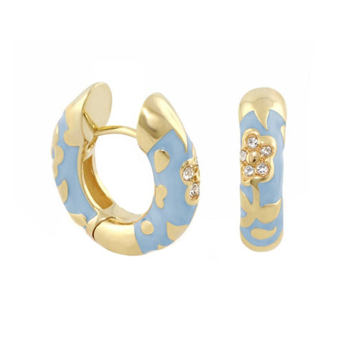 Dark Blue Flowers by Orly enamel flower huggie earrings with gold-tone detailing, paired front and side view
