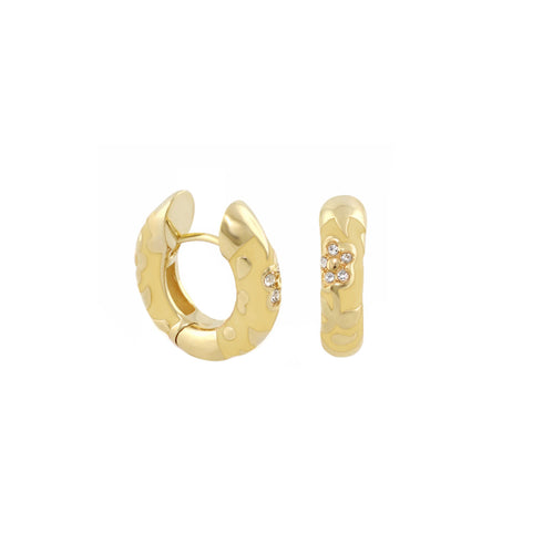 Butternut Flowers by Orly enamel flower huggie earrings with gold-tone detailing, paired front and side view
