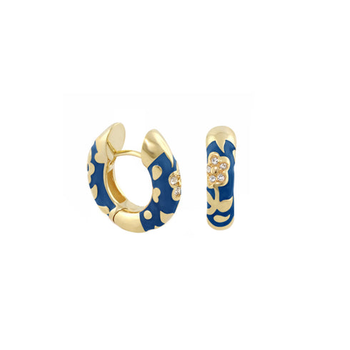 Daphne Flowers by Orly enamel flower huggie earrings with gold-tone detailing, paired front and side view