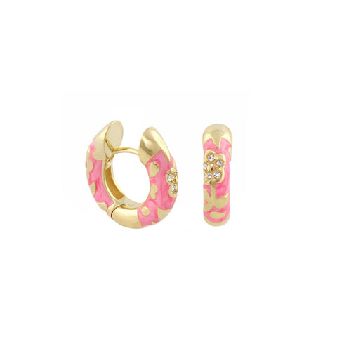 Pink M Flowers by Orly enamel flower huggie earrings with gold-tone detailing, paired front and side view