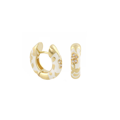 White Flowers by Orly enamel flower huggie earrings with gold-tone detailing, paired front and side view