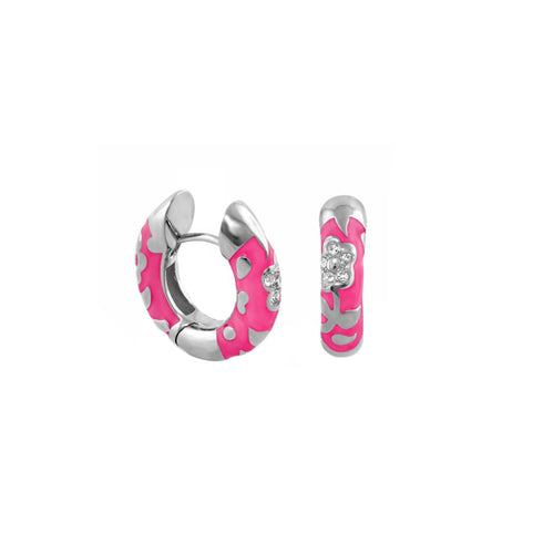 Hot Pink Flowers by Orly enamel flower huggie earrings with silver-tone detailing, paired front and side view