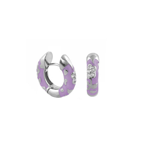 Lavender Flowers by Orly enamel flower huggie earrings with silver-tone detailing, paired front and side view