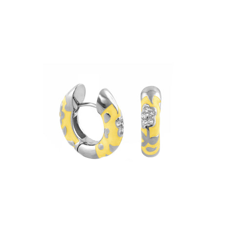 Lemon Flowers by Orly enamel flower huggie earrings with silver-tone detailing, paired front and side view