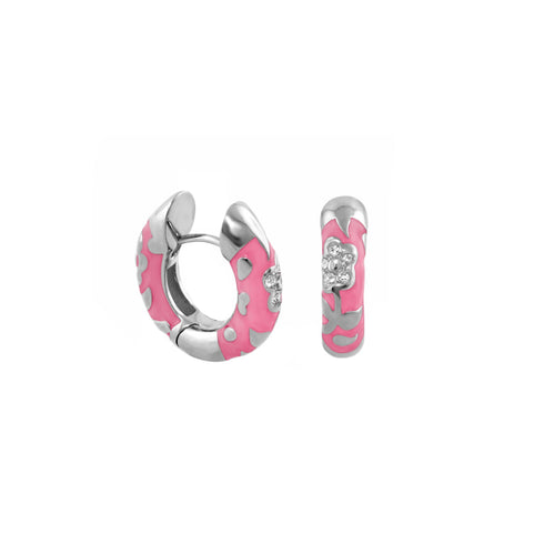 Pink Flowers by Orly enamel flower huggie earrings with silver-tone detailing, paired front and side view