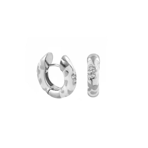 White Flowers by Orly enamel flower huggie earrings with silver-tone detailing, paired front and side view