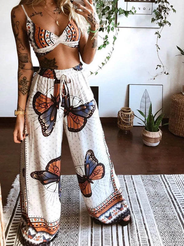 Women's Butterfly Print Two-Piece Set - Wide-Leg Pants - Twice The Charm Boutique