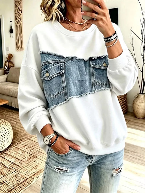 Plus Size Denim Patchwork Sweatshirt - Raw Hem Detail - Twice The Charm Boutique
