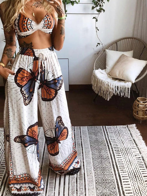 Women's Butterfly Print Two-Piece Set - Wide-Leg Pants - Twice The Charm Boutique