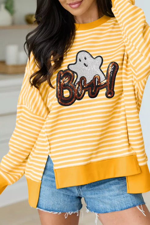Halloween Ghost Long Sleeve Top - Sequin BOO Split Hem - Twice The Charm Boutique