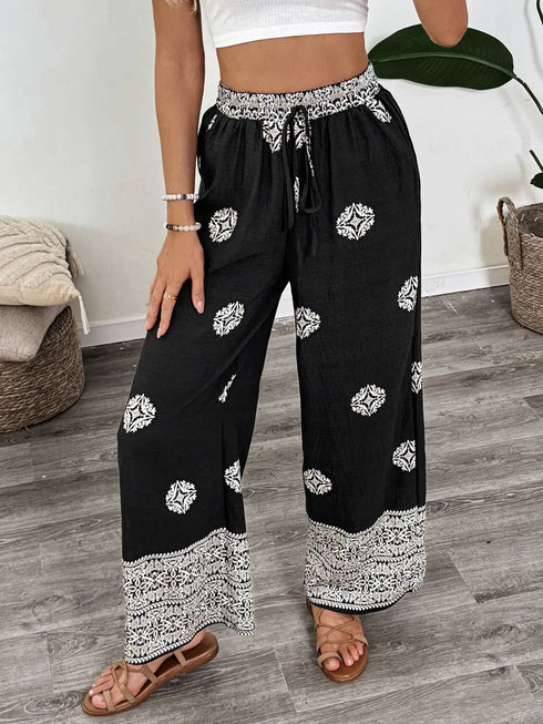 Black Printed Wide Leg Drawstring Pants - Twice The Charm Boutique