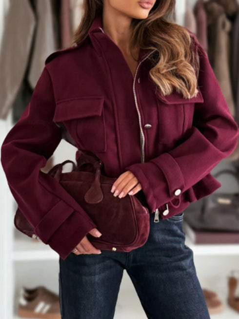 Women's drawstring button front jacket with pockets