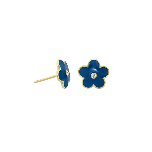 Blue 48 enamel daisy studs with crystal centers and gold-tone finish, pair view