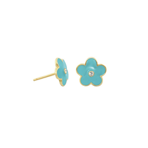 Blue 67 enamel daisy studs with crystal centers and gold-tone finish, pair view