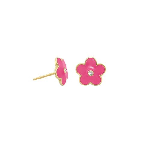 Hot pink enamel daisy studs with crystal centers and gold-tone finish, pair view