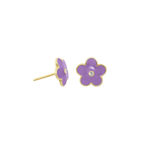Purple enamel daisy studs with crystal centers and gold-tone finish, pair view