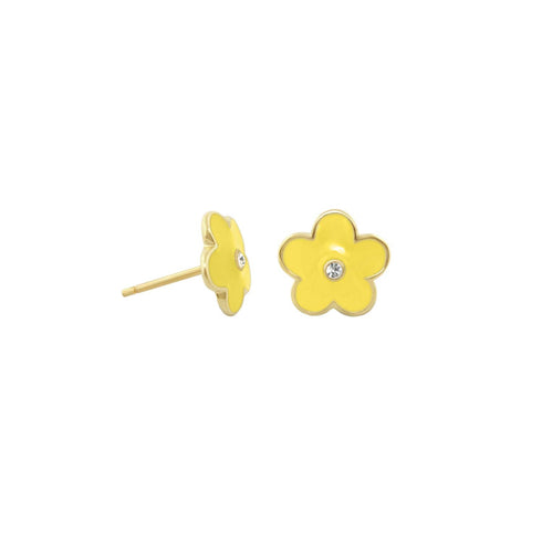 Meringue yellow enamel daisy studs with crystal centers and gold-tone finish, pair view