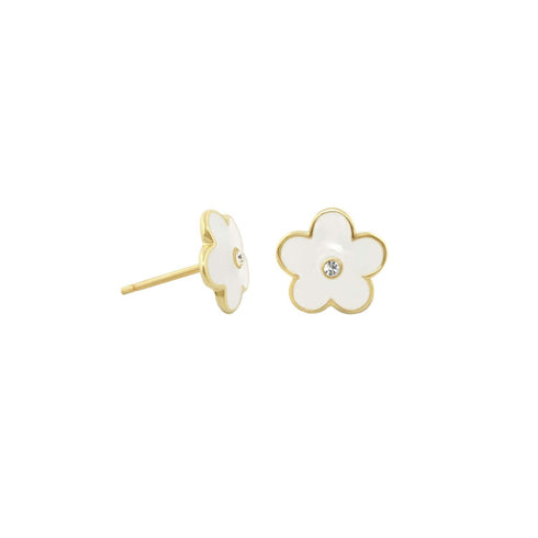 White enamel daisy studs with crystal centers and gold-tone finish, pair view