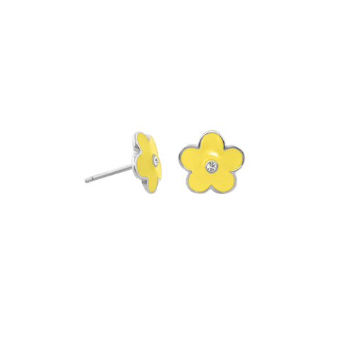 Meringue yellow enamel daisy studs with crystal centers and silver-tone finish, pair view