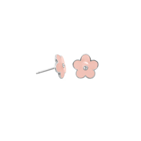 Pink 61 enamel daisy studs with crystal centers and silver-tone finish, pair view