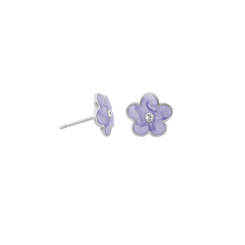 Purple enamel daisy studs with crystal centers and silver-tone finish, pair view
