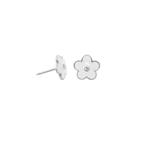 White enamel daisy studs with crystal centers and silver-tone finish, pair view