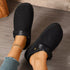 Top view of black clogs showing closed toes and strap details