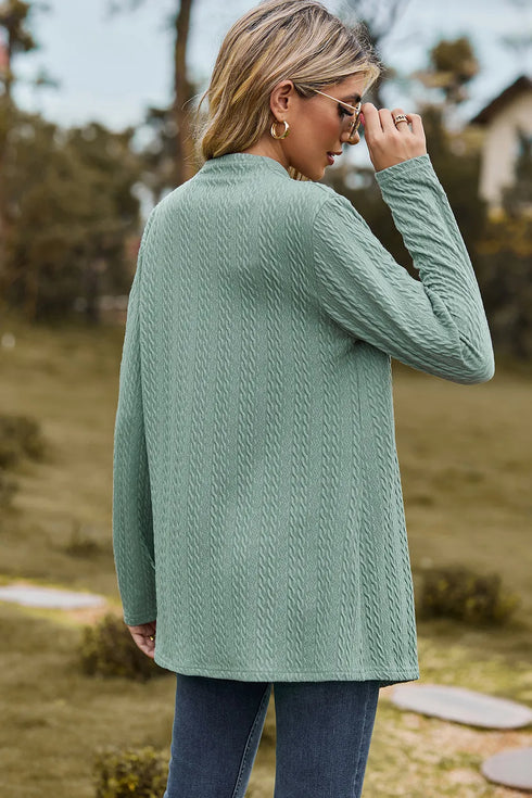 Back view of light green textured long cardigan