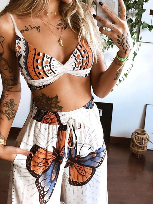 Women's Butterfly Print Two-Piece Set - Wide-Leg Pants - Twice The Charm Boutique