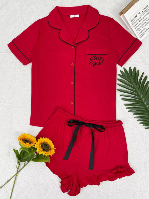 Button Down Pajama Set - Contrast Piping & Ruffle Shorts - Twice The Charm Boutique
