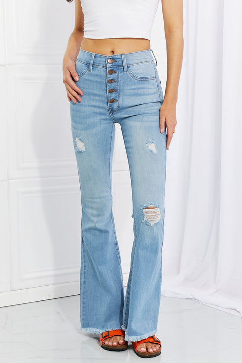 Full-length light-blue Jess flare jeans with frayed hems