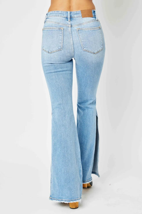 Back view of Judy Blue raw-hem flare jeans