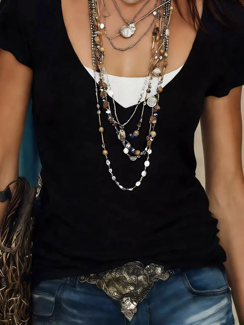 Faux Layered Scoop Neck Short Sleeve Top - product image 4