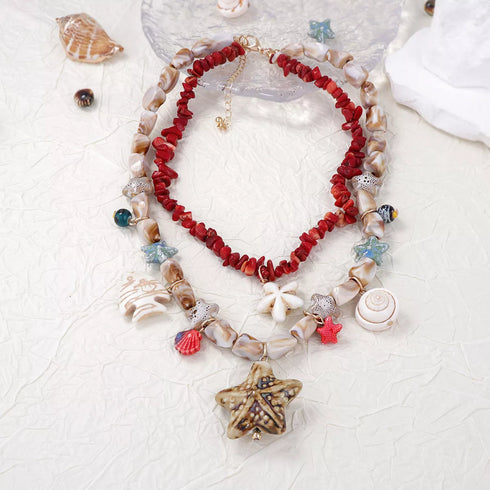 Red Layered Shell & Starfish Charm Necklace - Twice The Charm Boutique