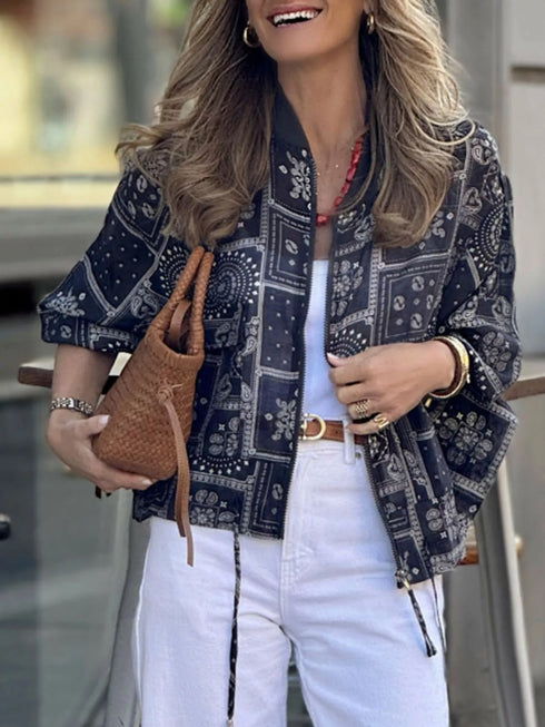 Black lightweight printed zip up jacket for women