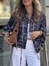Black lightweight printed zip up jacket for women