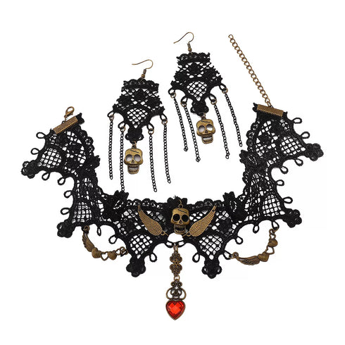 Halloween Skull Jewelry Set - Lace Necklace & Earrings - Twice The Charm Boutique