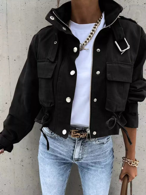 Women's cropped drawstring jacket with pockets